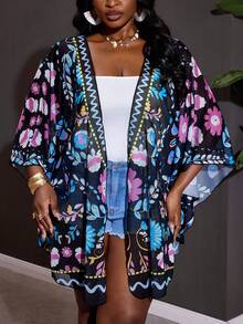 SHEIN CURVE+ Curve 尺码 US22 音乐节、海滨度假、波西米亚风女士印花休闲度假开衫/乡村/沙滩装/沙滩装 - 彩色 - 查看 3