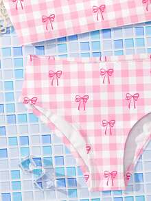 SHEIN Young Girls' Sweet Bow Plaid Pattern Casual Camisole & Briefs Swimwear Set, Suitable For Summer Vacation, Hot Spring, Beach, Beachwear - Multicolor - View 8