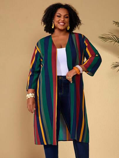 EMERY ROSE Plus Size Women's Summer Casual Vacation Colorful Striped Roll-Up Sleeve Casual Loose Jacket With Pocket,/Summer,Summer Holiday,Spring Break Outfits ,Vacation Outfits Women ,Holiday Outfits For Women,Going Out Outfits,2026 New Clothes,Simple And Fashionable For Everyday Wear,Suitable For Summer, Vacation, Commute, Daily Wear,Lightweight Vacation Coat