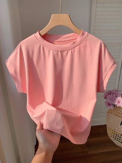 Comfortcana Women's Solid Color Round Neck Short Sleeve Casual Versatile T-Shirt Cute Pink Tops Casual Pink Tops Pink Summer Tops
