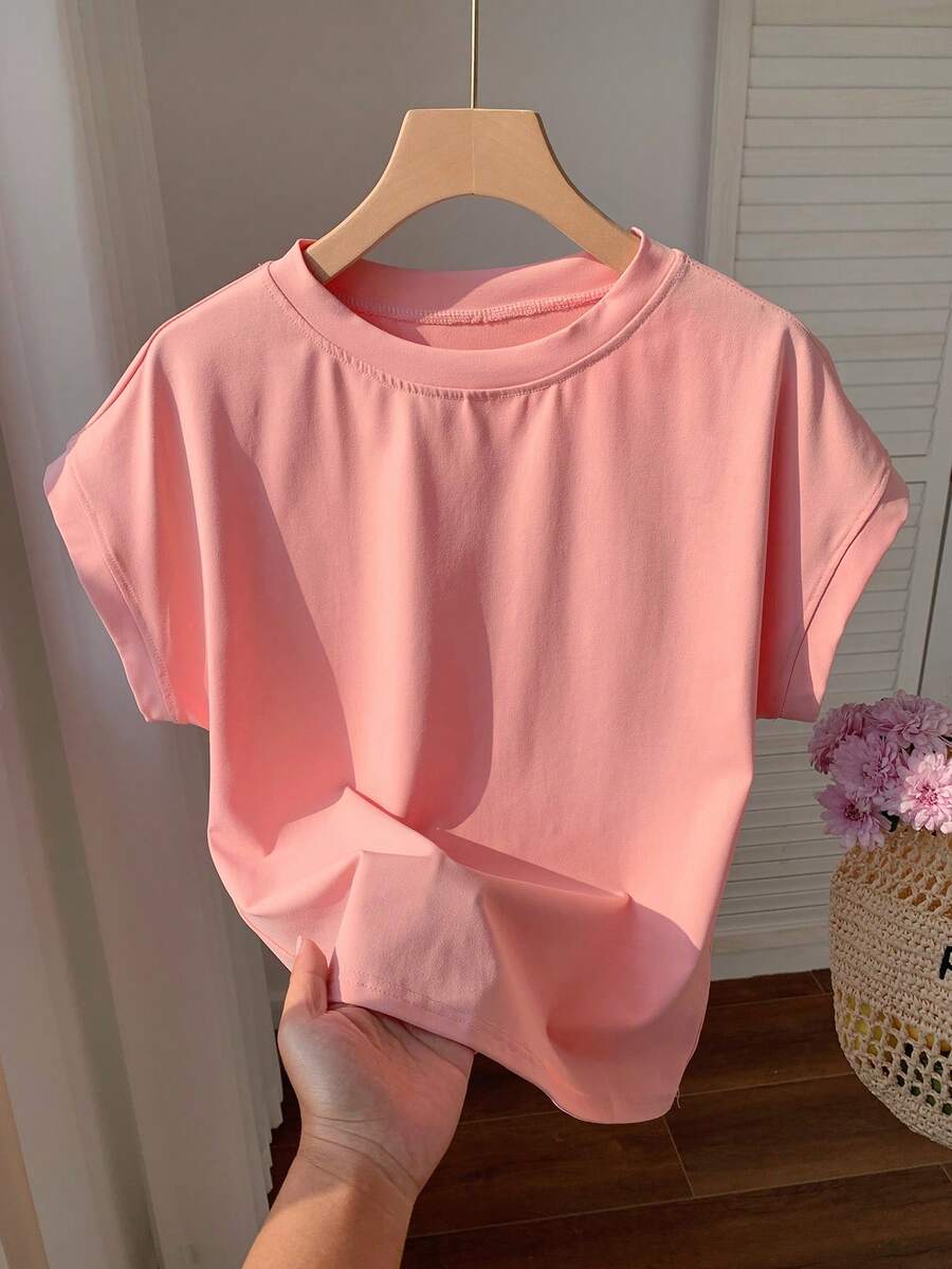 Comfortcana 女士纯色圆领短袖休闲百搭T恤 - 珊瑚粉 - 查看 1