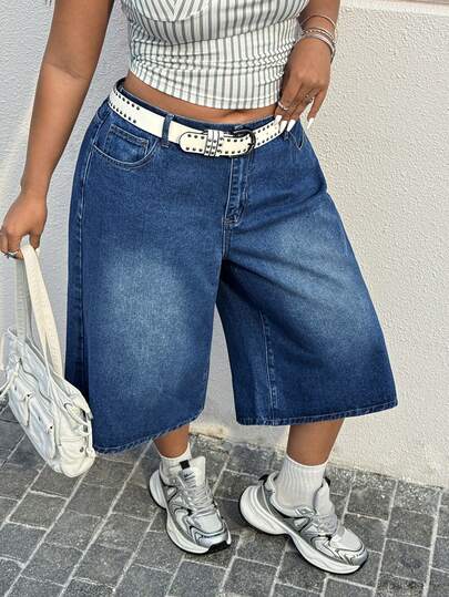 Muchica Versatile Washed Blue 5-Inch Loose Fit Plus Size Denim Shorts, Suitable For Casual Outings, Parties, Music Festivals, Back To School, Graduation, Vacations, Weddings, Streetwear, Exploring The City, And Various Occasions. Can Be Worn Alone Or Layered.