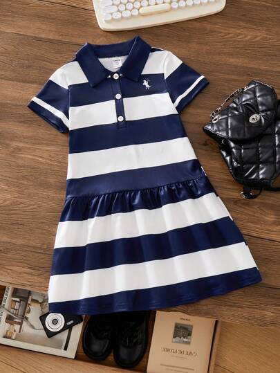 SHEIN Sparklyn Casuvi Young Girl Girls Knit Striped Polo Collar Short Sleeve Half-Placket A-Line Dress, Pony Graphic Decor, Suitable For Casual Daily Wear In Spring/Summer