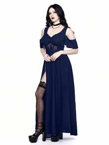 ROMWE Goth 哥特式刺绣镂空深V领露肩高开衩女式连衣裙 - 藏蓝色 - 查看 7