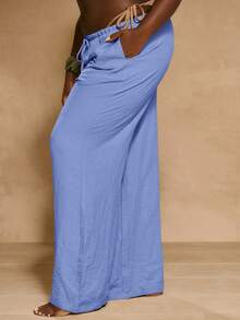 MUSERA Plus Size Mid Rise Wide Leg Drawstring Waist Trousers Vacation Beachwear Elegant Holiday Cute Summer Casual - Dusty Blue - View 3