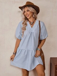 SHEIN LilyWest Robe décontractée ample et amincissante à col V, manches bouffantes, rayures de bambou bleu grisâtre rétro. Convient pour le printemps/été - Gris - Voir 6