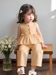 LMoss Kids 2pcs Baby Girl Casual Cute Summer Striped Sleeveless Top And Elastic Waist Pants Set - Multicolor - View 1