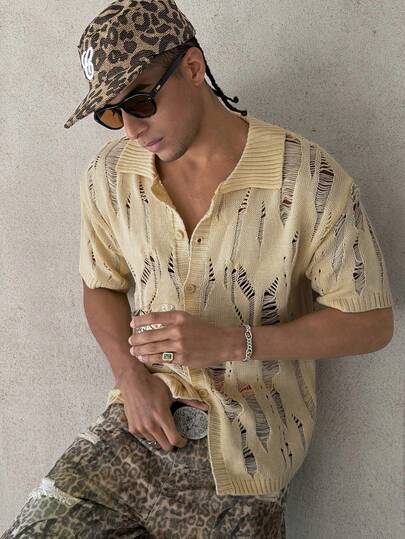 STEELVANCE 男士纯色做旧短袖单排扣休闲针织上衣