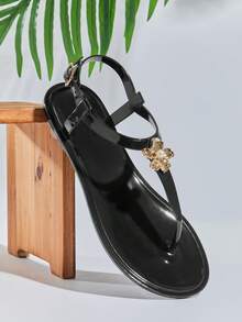 SHUZIA Women Comfy Vacation Metal Decor Ankle Strap Clear Jelly Flat Sandals - Black - View 2