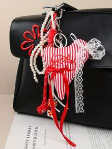 Joivida 1Pc Lace Bow Pearl Chain Bag Charm – Sweet Embroidered Letter Heart Keychain For Women - Multicolor - View 6