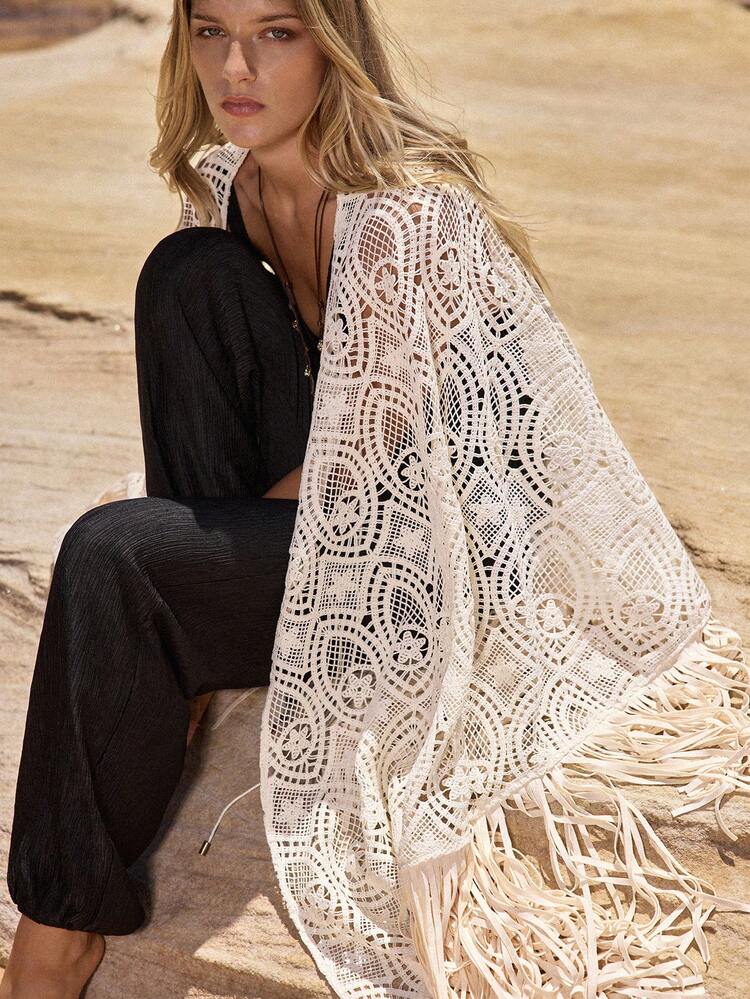 MOTF STUDIO WOMEN'S EMBROIDERED CROCHET PONCHO-STYLE BOHEMIAN TASSEL TIE JACKET, SUITABLE FOR SPRING/SUMMER VACATION