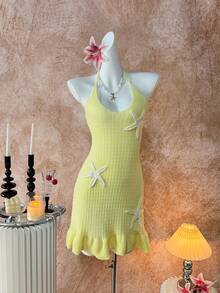 Elamini Y2K春夏女式沙滩度假休闲甜美海星钩针编织吊带裙 - 淡黃色 - 查看 3