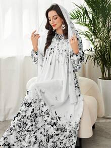 Al Najma 优雅荷叶边褶皱印花灯笼袖宽松连衣裙，配头巾，度假风 - 黑色 - 查看 6