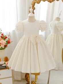 Glamorique Kids Young Girl'Elegant White Summer Flower Girl Apricot Jacquard Fabric Bubble Sleeve Princess Dress,Chiffon Bow Birthday Party Performance Princess Dress - Apricot - View 1