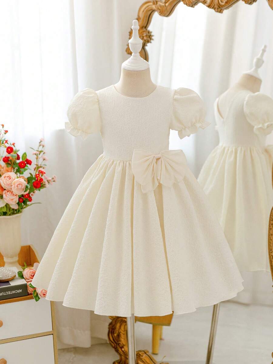 Glamorique Kids Young Girl'Elegant White Summer Flower Girl Apricot Jacquard Fabric Bubble Sleeve Princess Dress,Chiffon Bow Birthday Party Performance Princess Dress - Apricot - View 1