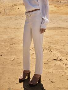 MOTF STUDIO WOMEN'S WHITE BELTED FLARE LEG JEANS, SPRING/SUMMER - White - View 5