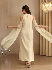 Al Najma Elegant Hollow Sleeve Flared Dress With Stand Collar, Spring/Summer - Yellow - View 3