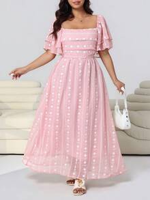 Solflare 加大码粉色碎花短袖方领连衣裙 - 彩色 - 查看 2