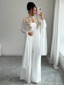 Elenzga Women's Gold Lace Trim Jumpsuit 2 Pieces Set - White - View 6