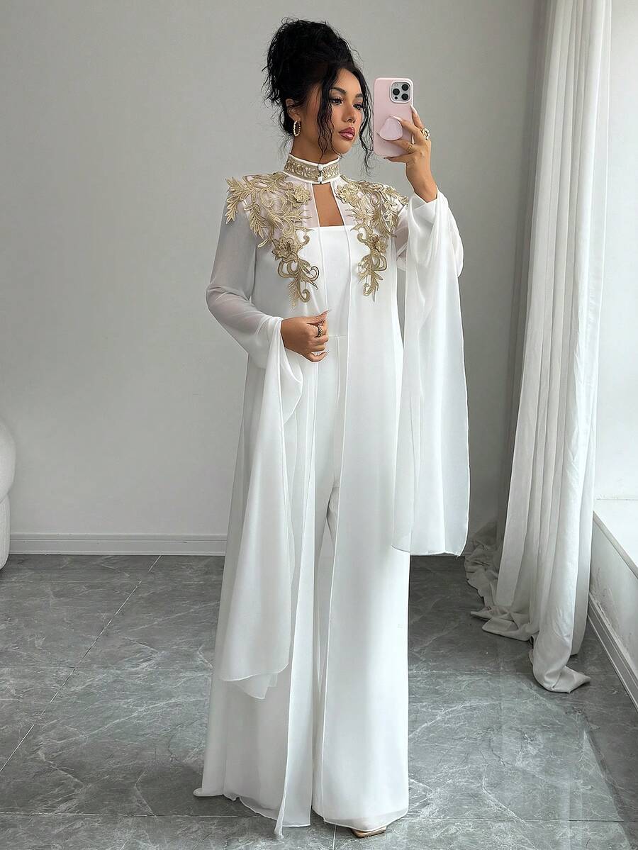 Elenzga Salopetă de damă cu dantelă aurie, set de 2 piese - imagine 6