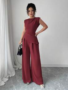 Rafferiza 2pcs/Set Women Solid Color Textured Pleated Round Neck Sleeveless Top - Burgundy - View 5