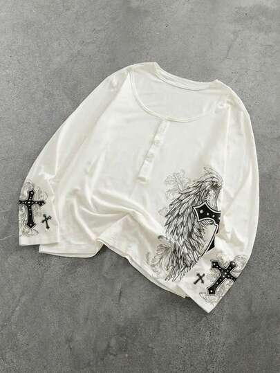 Street Life T-shirt à manches longues pour hommes avec imprimé aile et croix