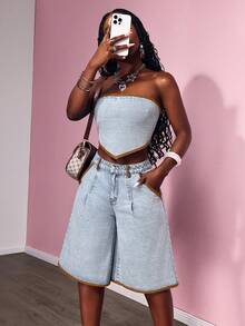 Slaydiva Quần short Bermuda nữ dáng rộng, phối màu tương phản, túi xéo, chất liệu denim. - Màu xanh lam - Xem 2