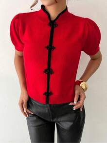 Rafferiza Áo len nữ kiểu Trung Quốc màu đỏ cổ tàu tay phồng dáng rộng, mang đến không khí lễ hội. - Đỏ - Xem 5