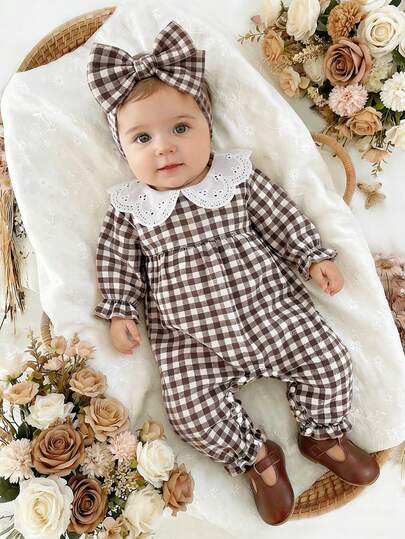 SHEIN Vintaside Kids Baby Girl Plaid Collar Long Sleeve Cute Romper Baby Girl Clothes Spring Fall Checkered Baby Clothes Baby Clothes Girl Plaid Baby Mocha Clothes Baby Checkered Outfit Toddler Cute Vintage Style Baby Girl Clothes With Bow Brown Vintage Baby Clothes Toddler Vintage Style Set