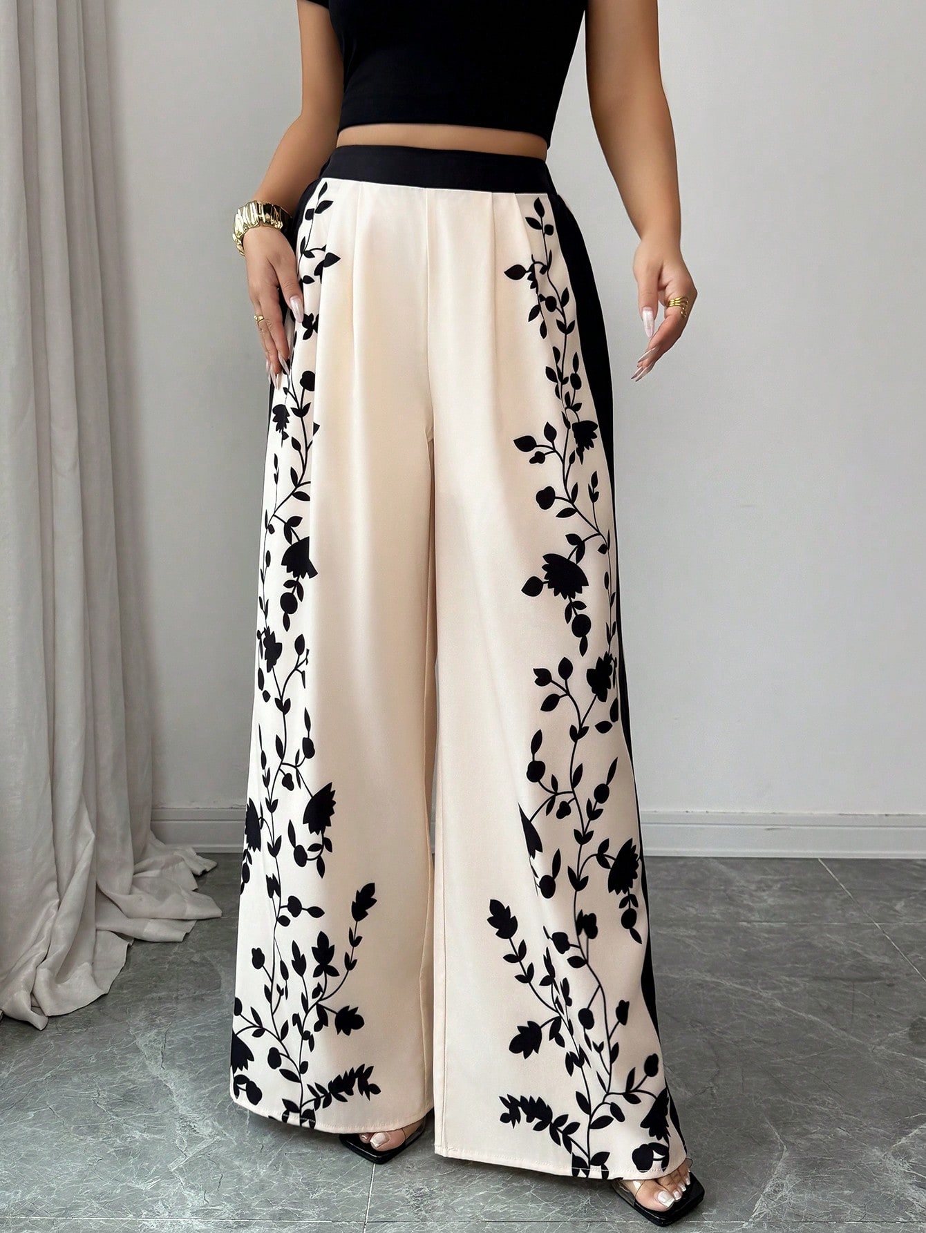 Elenzga بنطلون نسائي أنيق وكاجوال مطبوع فضفاض