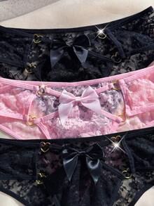 MidnightGlam 3 peças Calcinha Feminina Confortável e Elegante com Decoração de Coração, Renda Floral e Sexy - Multicolorido - Visão 4