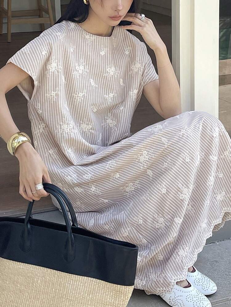 Women's Floral Embroidery Striped Round Neck Short Sleeve Casual Loose Long Dress