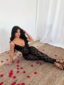 SHEIN SXY Women's Sexy Sleeveless Black Knitted Unitard With Plant Pattern Detail - Black - View 9