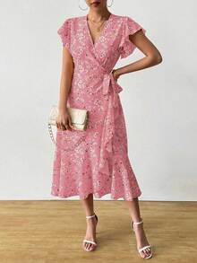 Breezaya 花卉印花蝴蝶袖侧边打结连衣裙酒红色长款女装 - 粉色 - 查看 6