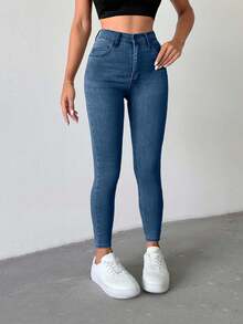 SHEIN Petite High Waist Casual Skinny Jean - Medium Wash - View 7