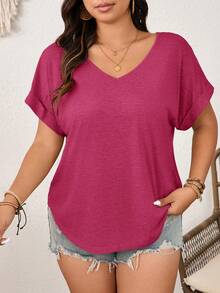 SHEIN Frenchy Plus Size Women's V-Neck T-Shirt With Sunflower Lace Patchwork Back, Going Out Tops Summer Casual Tops Tshirts For Women Summer Crochet Back Top Eyelet Top For Women Summer Short Sleeve Tops Cute Summer Tops Summer Casual Tops - Hot Pink - View 3