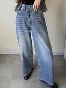 FRIFUL Women's Casual Versatile Straight-Leg Long Denim Jeans With Oblique Placket Design