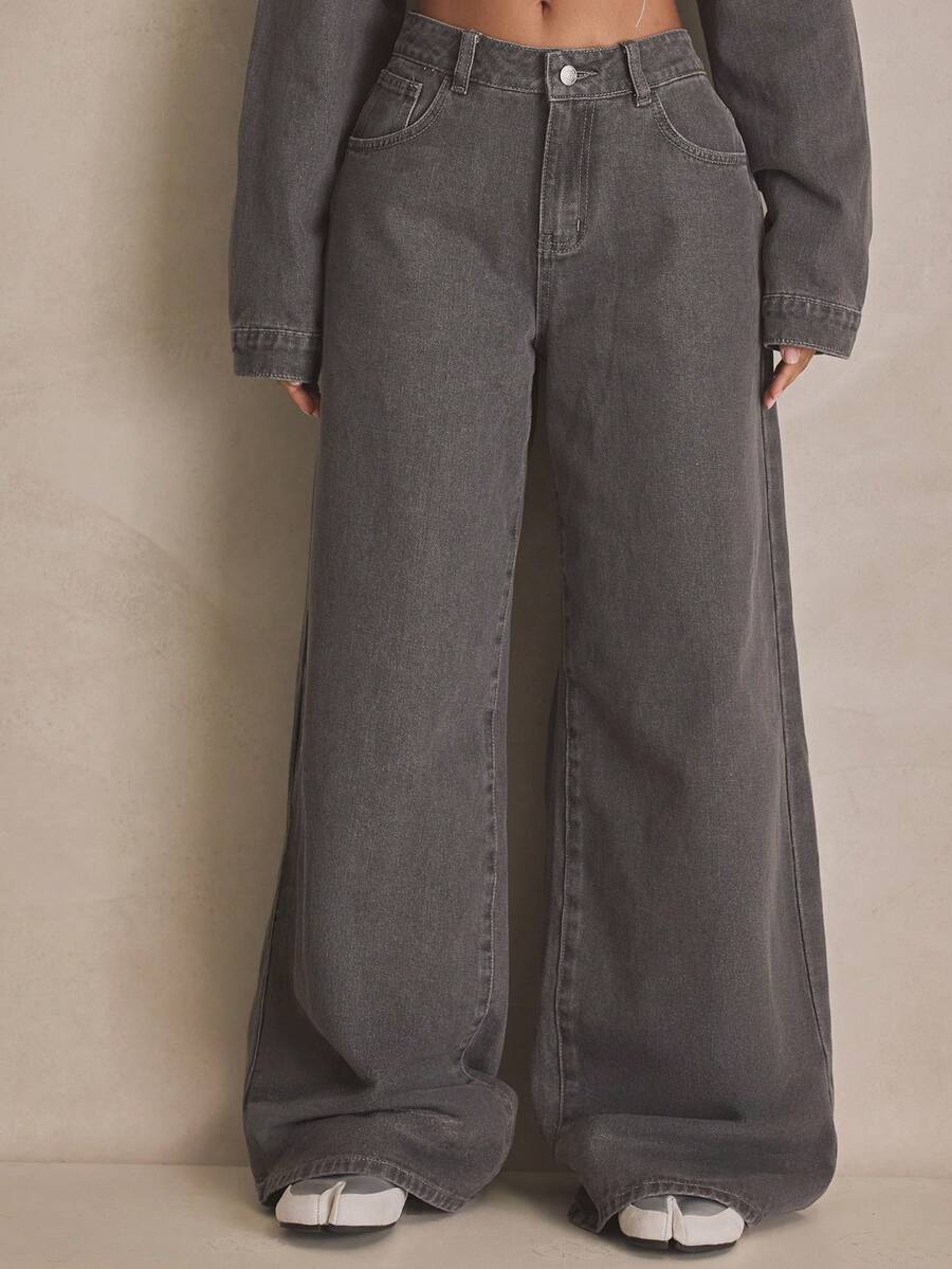 MUSERA Wide Leg Washed Denim Jeanssummer, Sporty, Casual, Day, Streetstyle, Streetwear - Grey - View 1