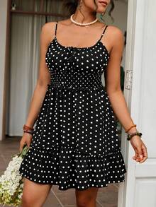 SHEIN VCAY 大码吊带系腰波点无袖休闲夏日连衣裙 - 黑色 - 查看 3