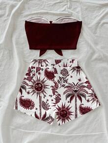 Soleia Multicolor Women's Shirred Bandeau Neck Knitted Two Piece Outfit Sleeveless Crop Top And Plant Pattern Short Skirt Casual Set Summer Two Piece Sets High Waisted Two Piece Set - Multicolor - View 2