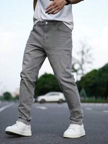 Manfinity Homme 加大码男士经典深蓝色修身复古休闲百搭牛仔裤 - 淺灰色 - 查看 8