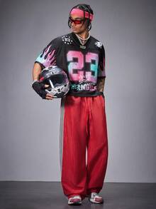 Manfinity RebelGame Quần len rộng rãi thường ngày cho nam có sọc bên hông, phong cách đường phố - Đỏ - Xem 5