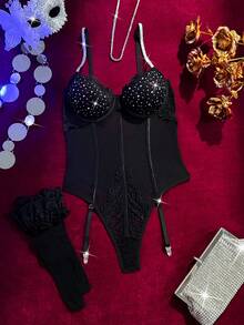 SHEIN 3件套浪漫蕾丝拼接网纱水钻装饰性感内衣套装 - 黑色 - 查看 6