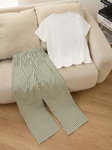 2pcs/Set Tween Girls Summer Casual Outfit,White T-Shirt Top & Green And White Striped Straight Pants - Multicolor - View 2