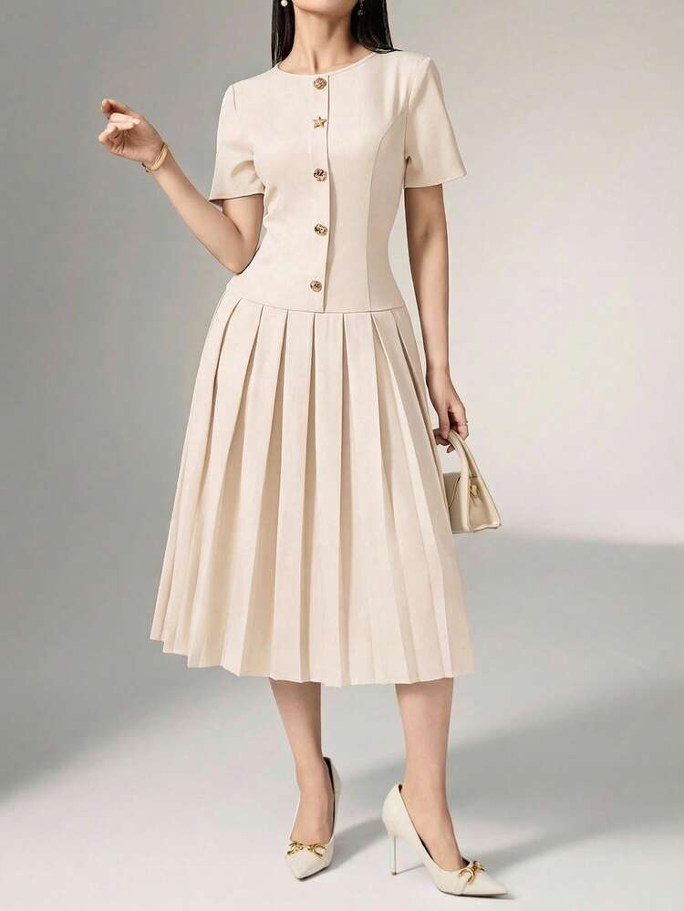 Heiryn فستان نسائي أنيق للتنقل مع إبزيم غير متماثل ومطوي - لون مشمشي - مشاهدة 4