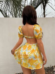 Sunnyshic Women's Casual Vacation Versatile Fashion Tie-Dye Floral Print Puff Sleeve Mini Dress, Spring/Summer - Mustard Yellow - View 2