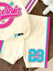 2pcs/Set Young Girl Casual Retro Collegiate Sports Number 23 Print Short Sleeve T-Shirt And Shorts Set, Suitable For Summer, Back To School
