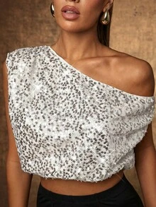 Hauture Women's Sexy Night Out One Shoulder Ruched Sequin Top - Silver - View 3
