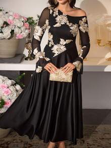 Modelyn Blouse grande taille pour femmes, sexy, marron, à épaules dénudées, en maille brodée, à manches longues, taille haute - Noir - Voir 6