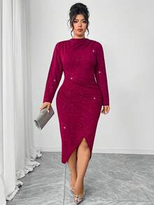Cravure Plus Size Women's Metallic Shiny Textured Glitter Party Dress, Waist Cinched, High Slit Hem, Elegant & Sophisticated - Burgundy - View 6